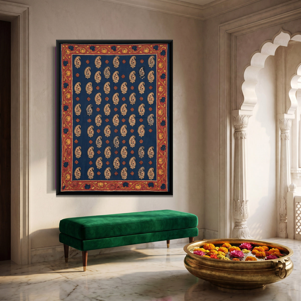 Paisley Pattern on Indigo - canvas art shown in a second room setting