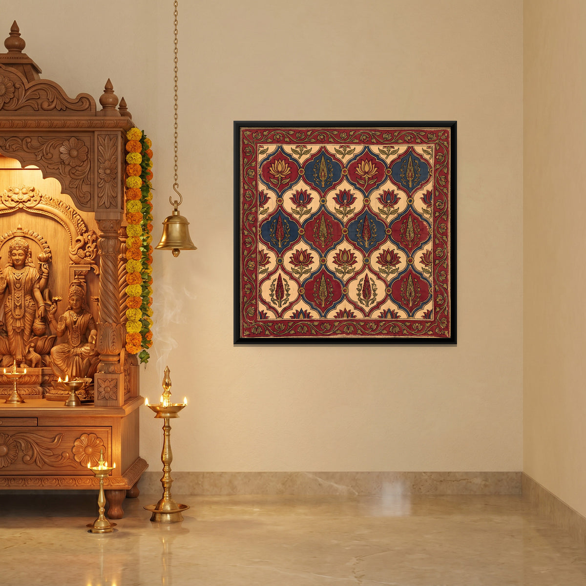Lotus and Leaf Lattice - canvas art shown in a styled room