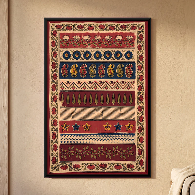 Bands of Lotus and Paisley - framed canvas art hung on a wall