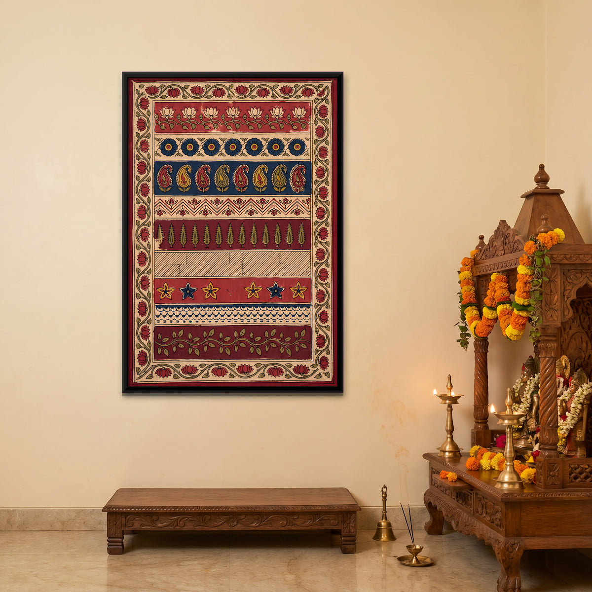 Bands of Lotus and Paisley - canvas art shown in a styled room