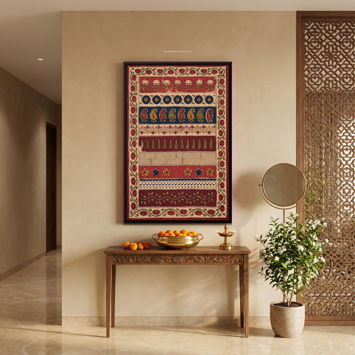 Bands of Lotus and Paisley - canvas art shown in a second room setting