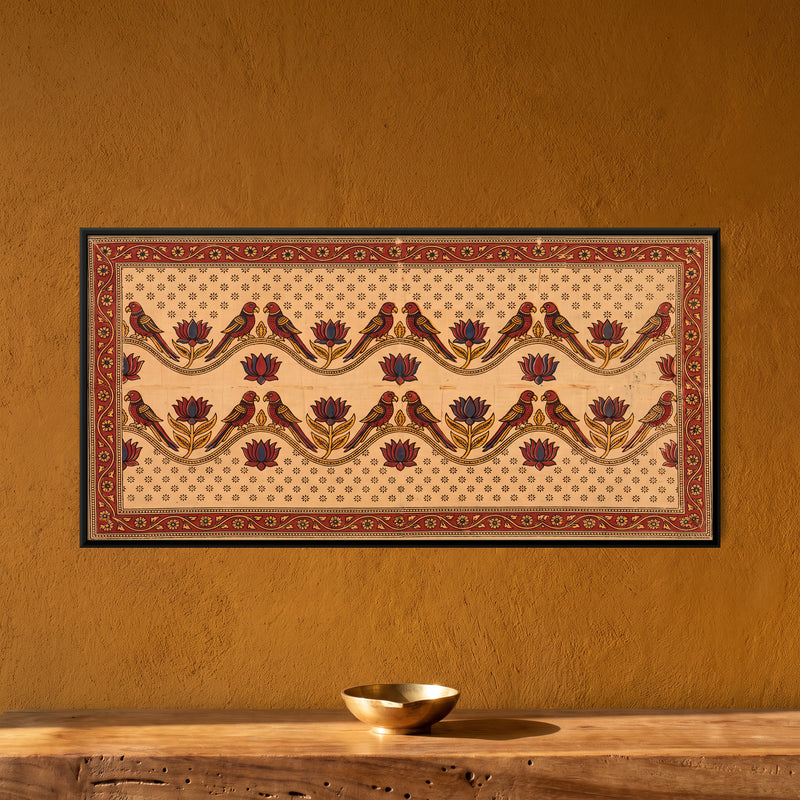 Birds on a Lotus Vine - framed canvas art hung on a wall