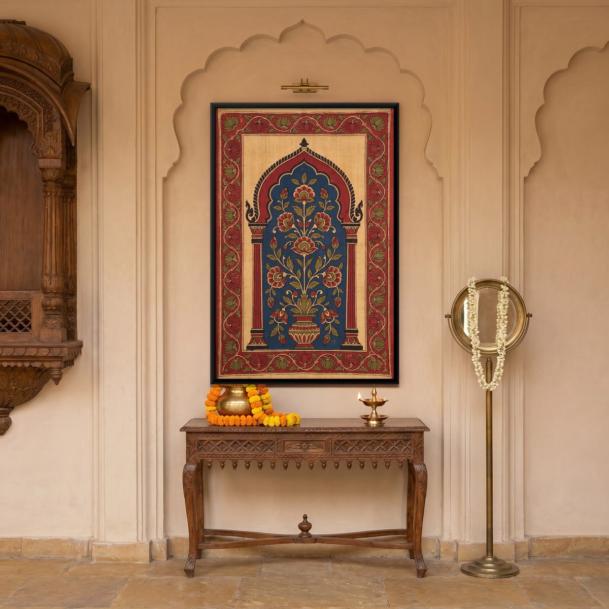 Flowering Kalash in an Arch - canvas art shown in a second room setting