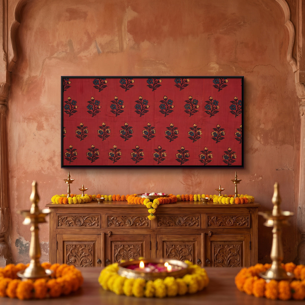 Floral Sprigs on Red - canvas art shown in a second room setting