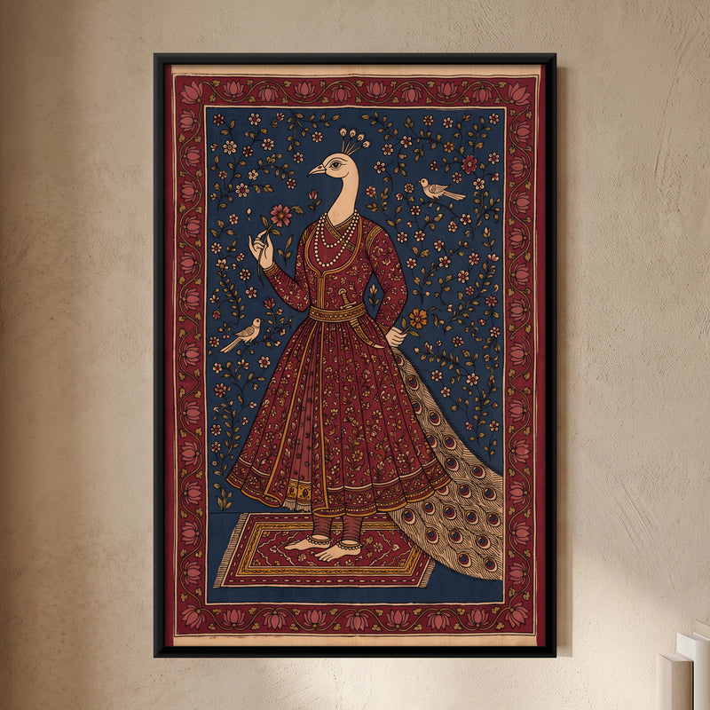 Peacock-Headed Courtier with a Flower - framed canvas art hung on a wall