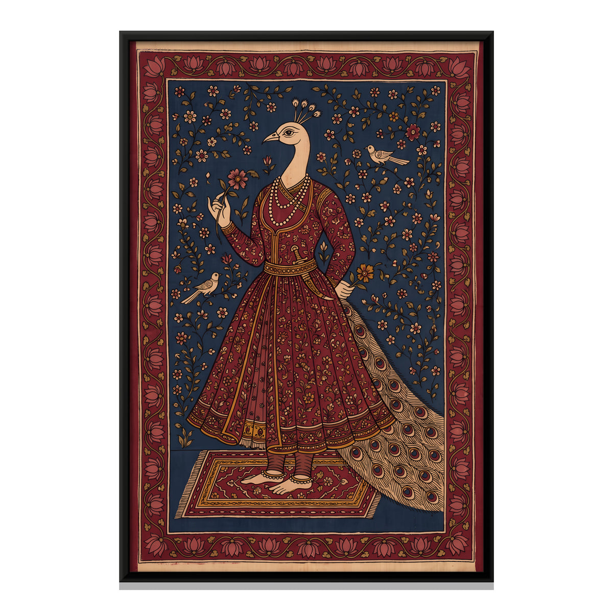 Peacock-Headed Courtier with a Flower - framed canvas print, front view