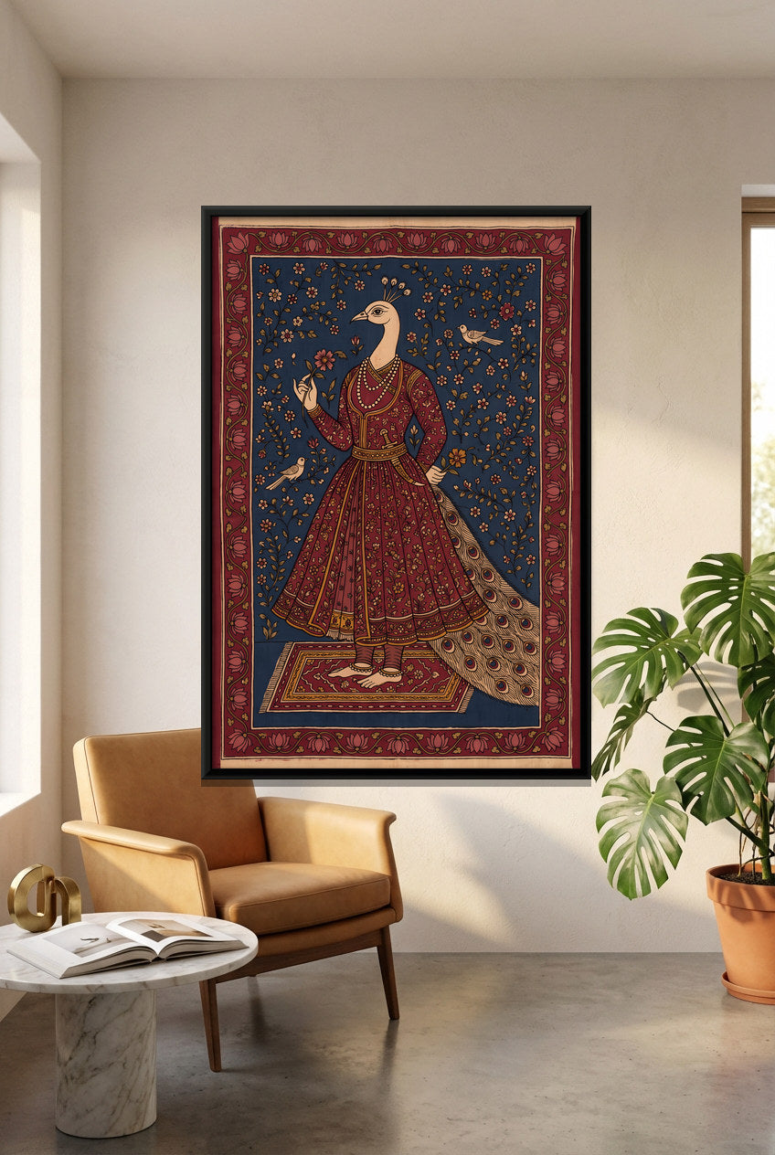Peacock-Headed Courtier with a Flower - canvas art shown in a styled room