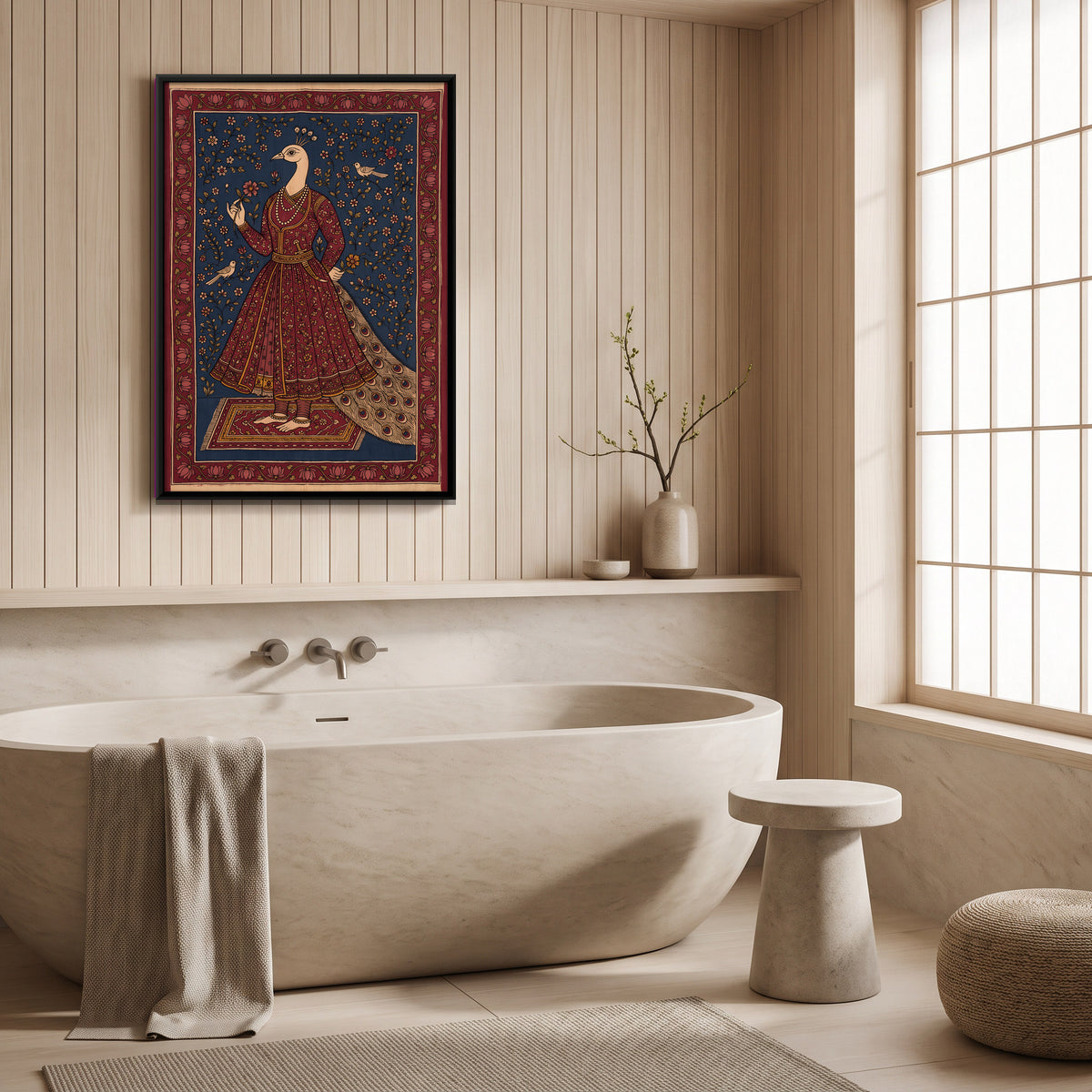 Peacock-Headed Courtier with a Flower - canvas art shown in a second room setting