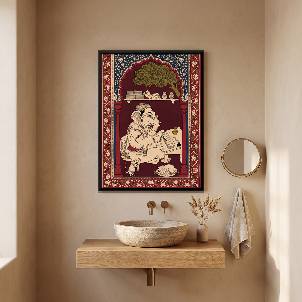 Ganesha the Scribe - canvas art shown in a second room setting