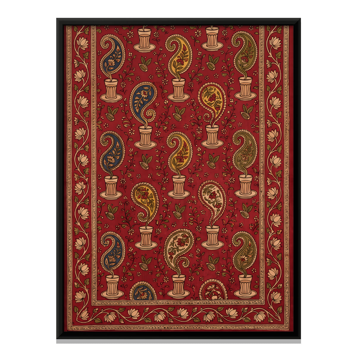 Chai Glasses with Paisley Steam - framed canvas print, front view