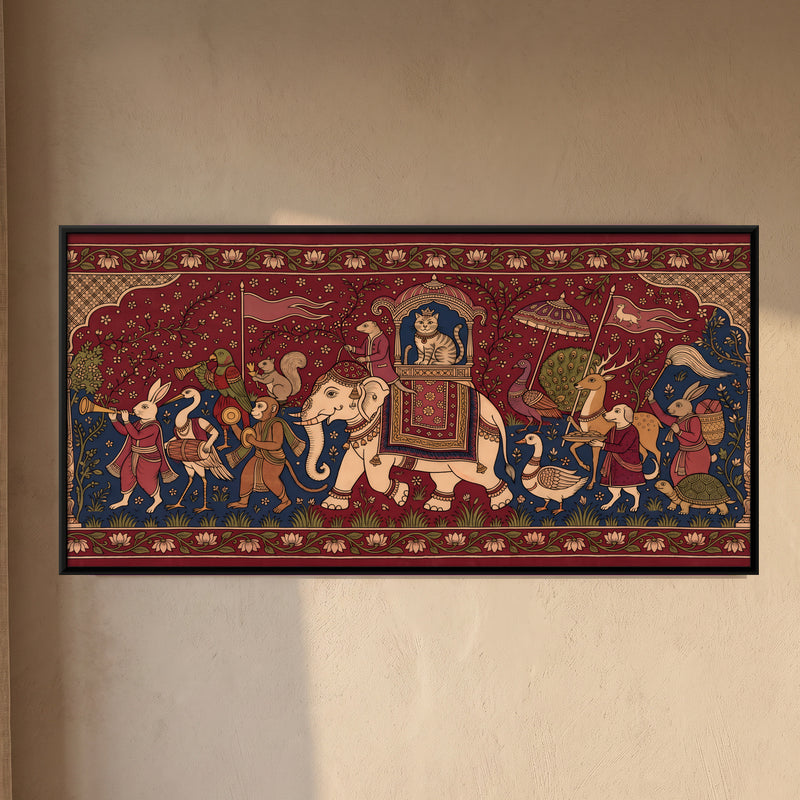 Royal Procession of Animals - framed canvas art hung on a wall