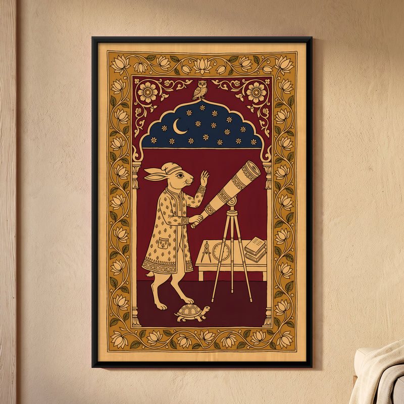 The Hare Astronomer - framed canvas art hung on a wall