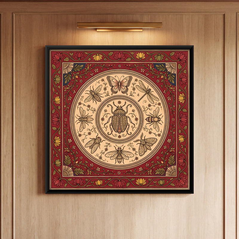 Beetle and Bees Medallion - framed canvas art hung on a wall