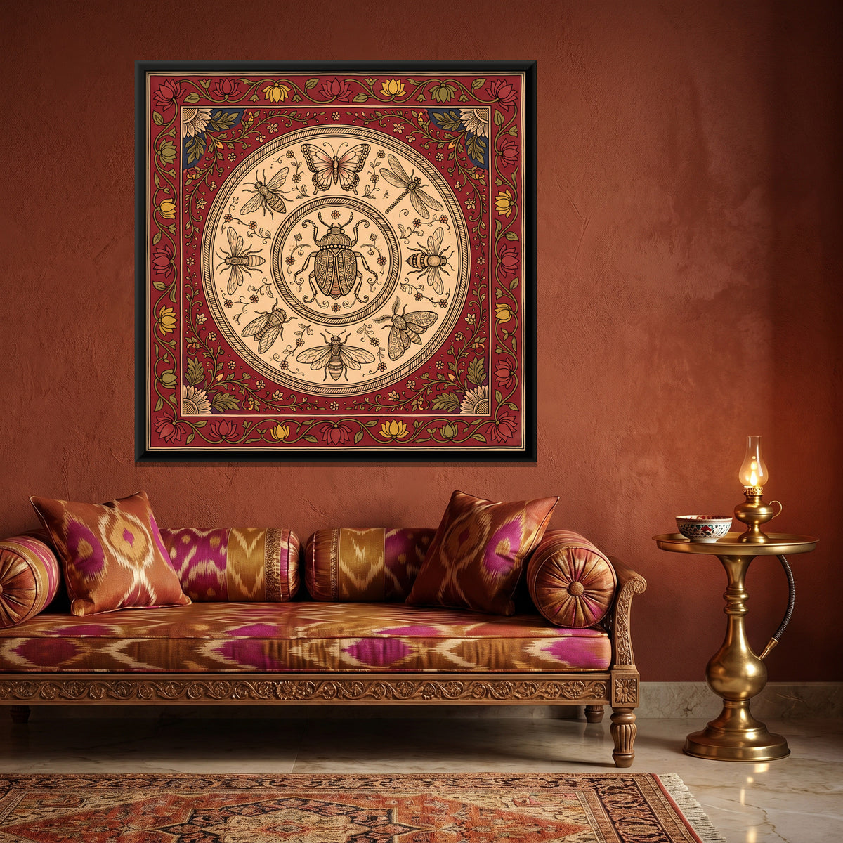 Beetle and Bees Medallion - canvas art shown in a styled room