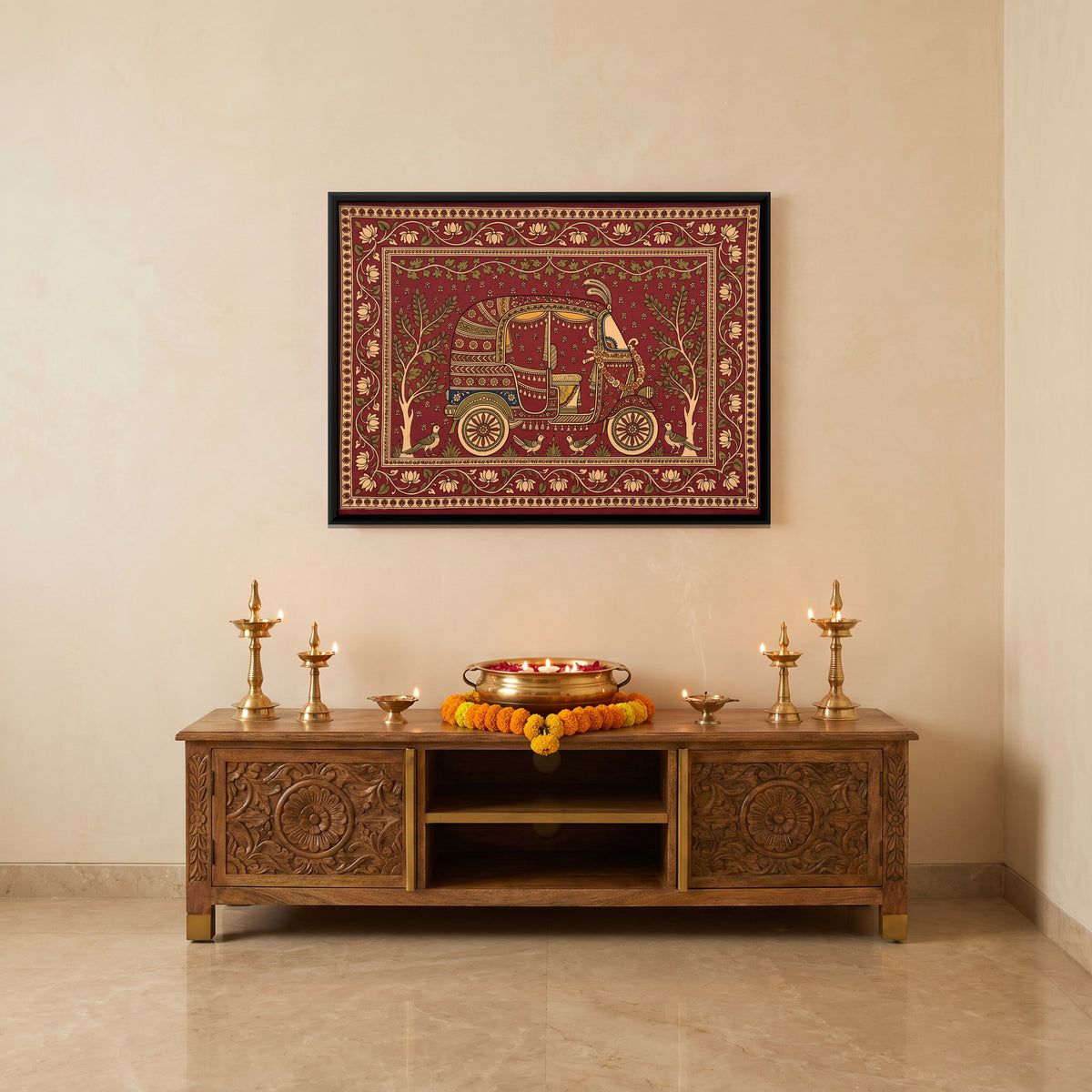 Auto Rickshaw - canvas art shown in a second room setting