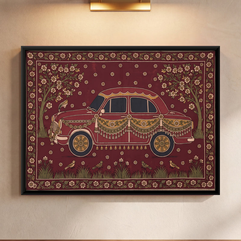 Garlanded Vintage Car - framed canvas art hung on a wall