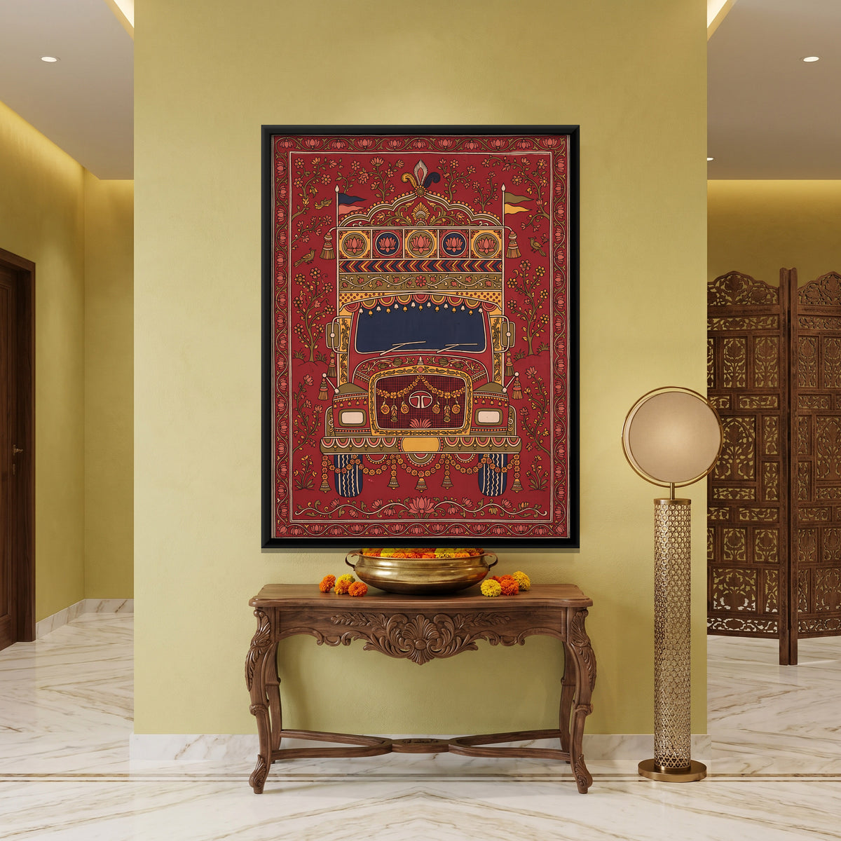 Decorated Truck - canvas art shown in a second room setting