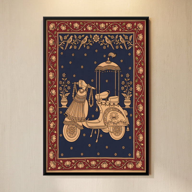 Decorated Scooter - framed canvas art hung on a wall