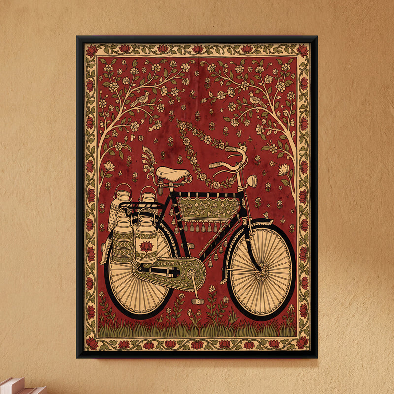 Bicycle with Milk Cans - framed canvas art hung on a wall