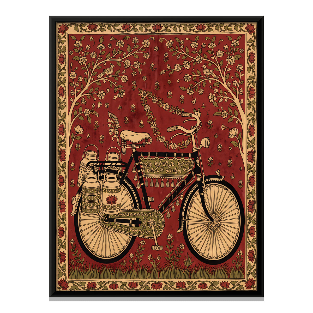 Bicycle with Milk Cans - framed canvas print, front view
