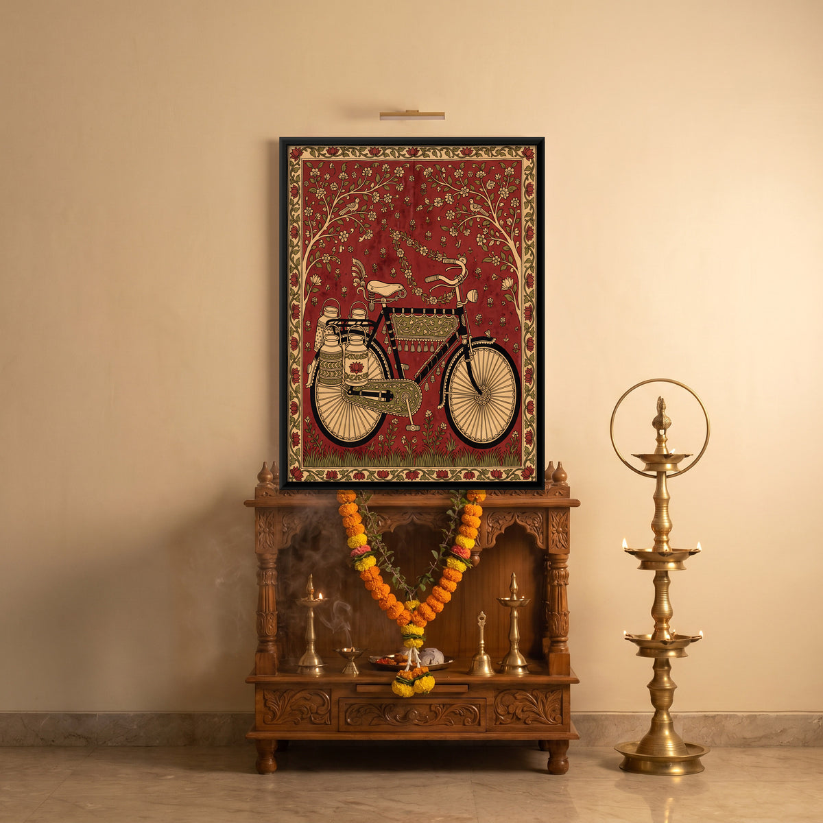 Bicycle with Milk Cans - canvas art shown in a styled room