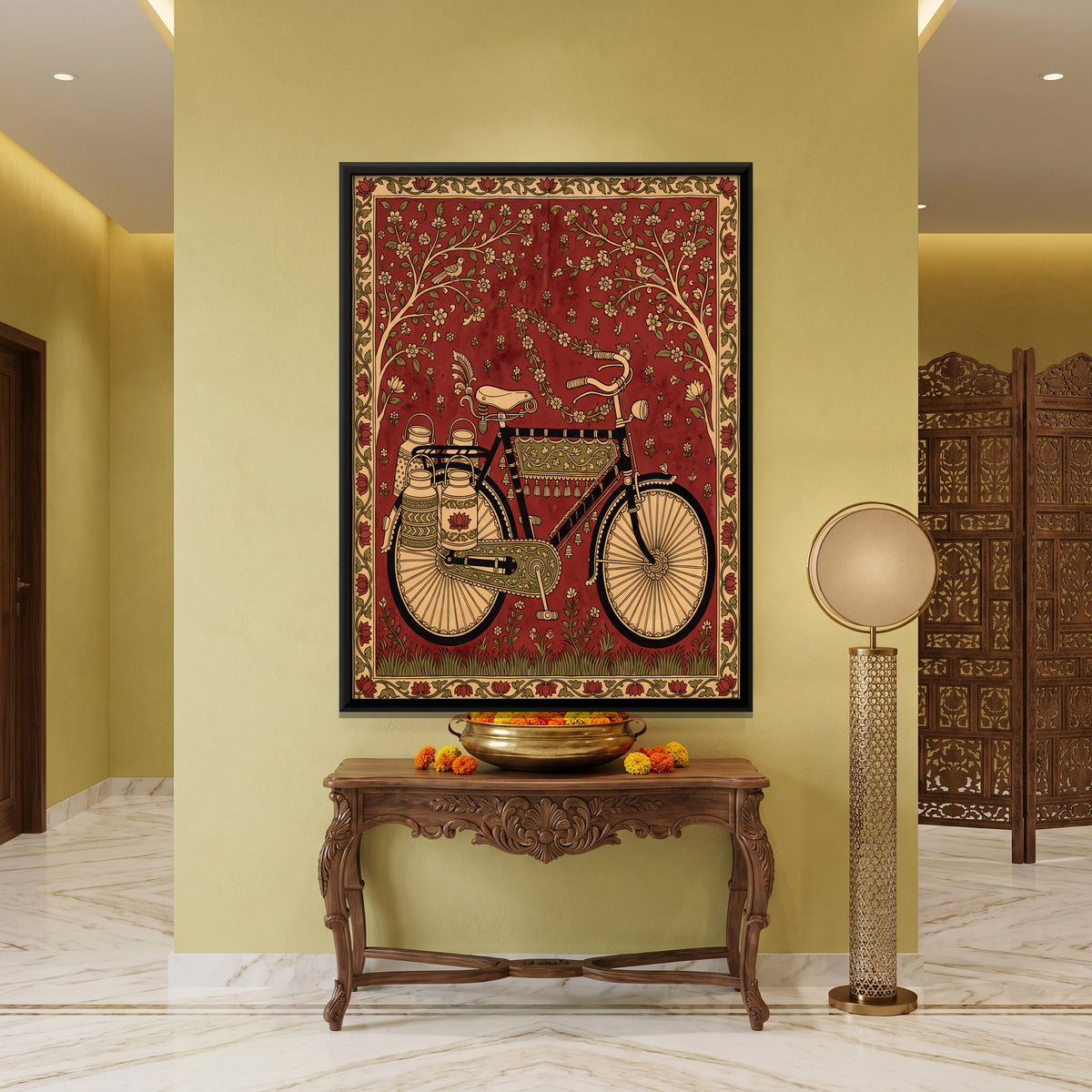 Bicycle with Milk Cans - canvas art shown in a second room setting