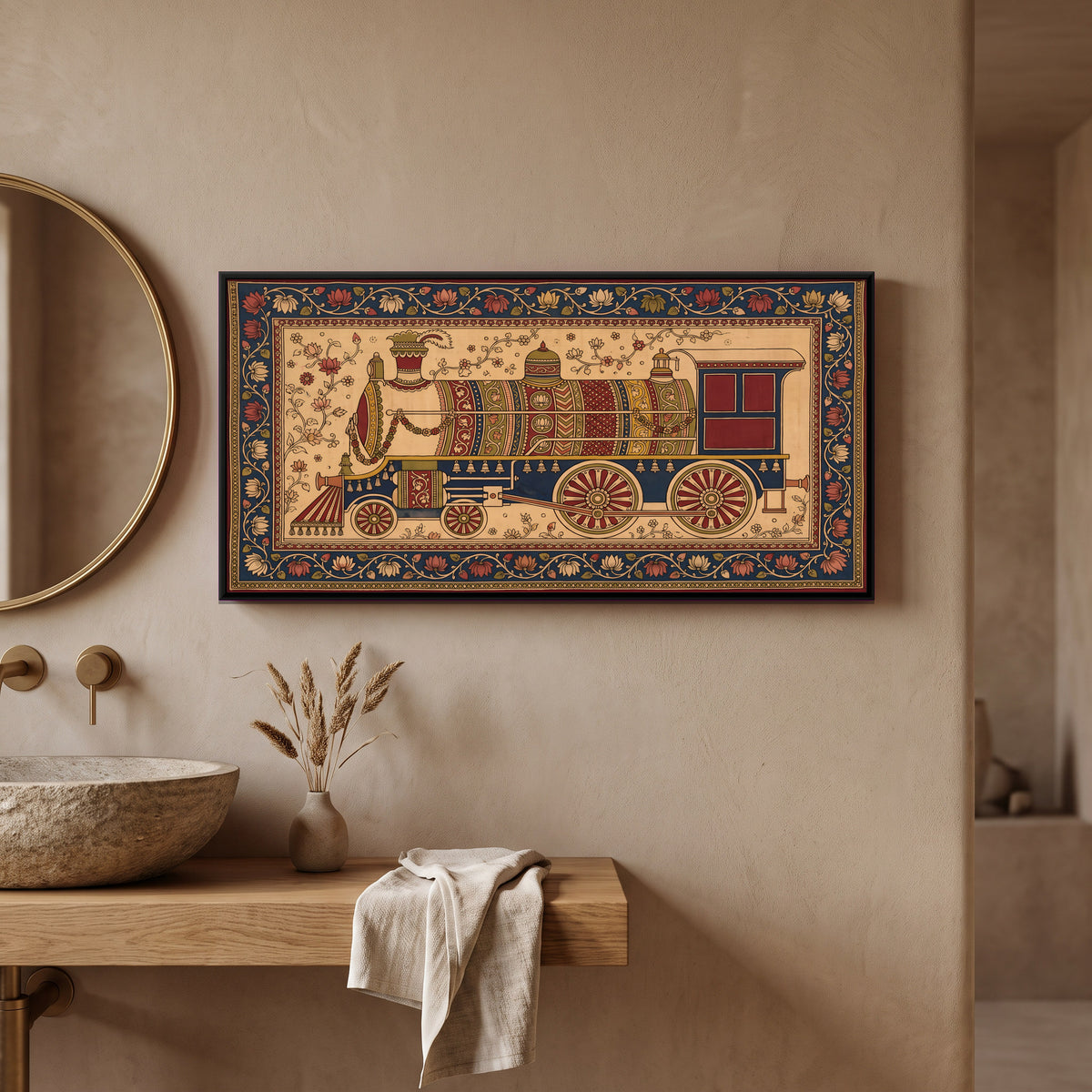 The Steam Locomotive - canvas art shown in a second room setting