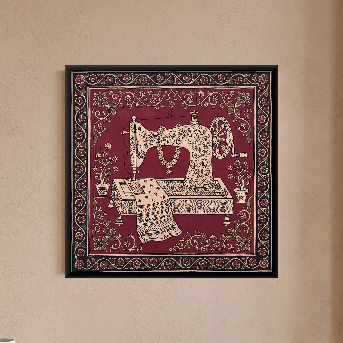 Hand-Cranked Sewing Machine - framed canvas art hung on a wall