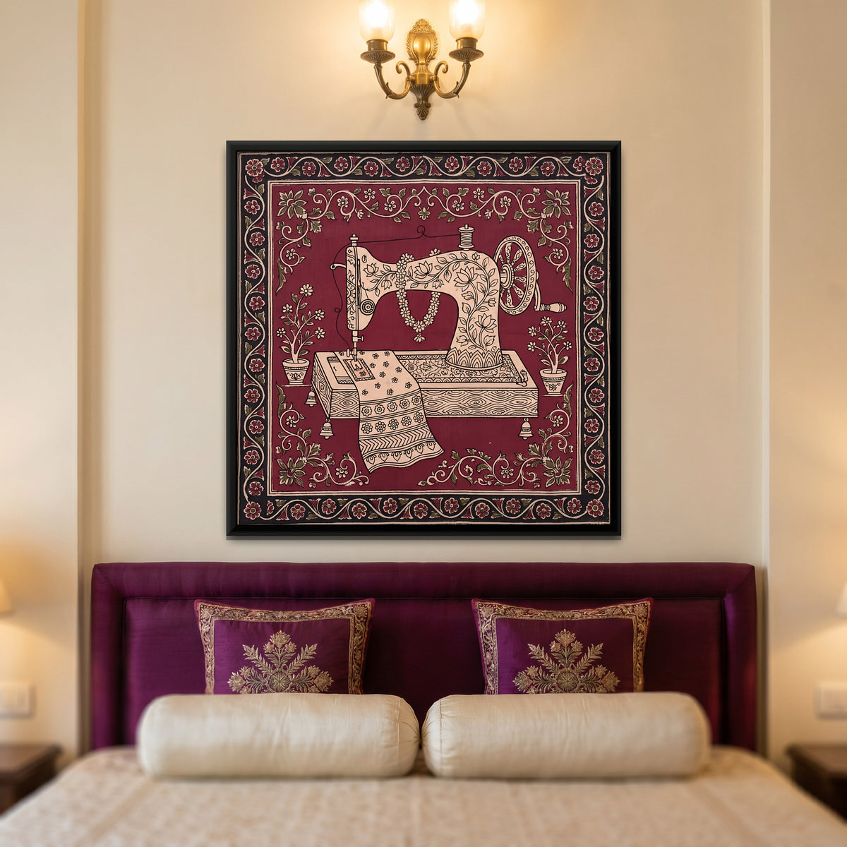 Hand-Cranked Sewing Machine - canvas art shown in a styled room