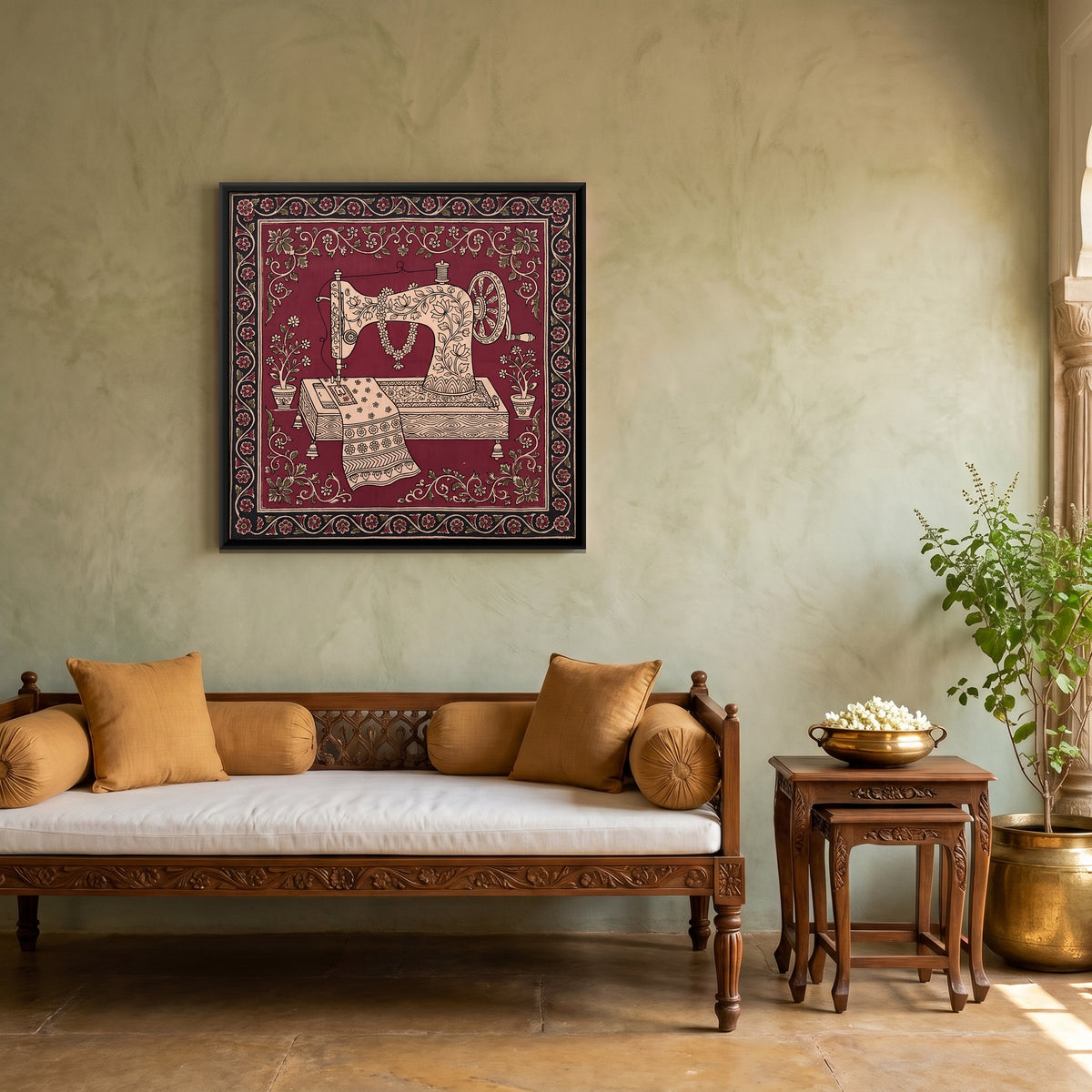 Hand-Cranked Sewing Machine - canvas art shown in a second room setting