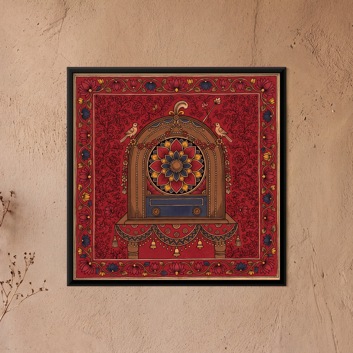 Garlanded Vintage Radio - framed canvas art hung on a wall