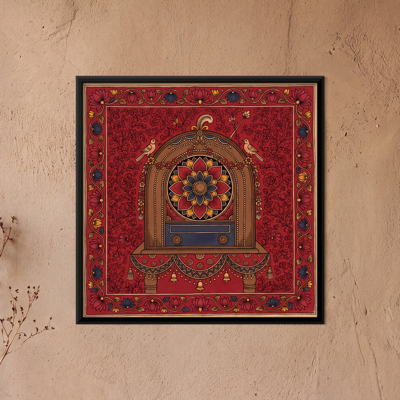 Garlanded Vintage Radio - framed canvas art hung on a wall