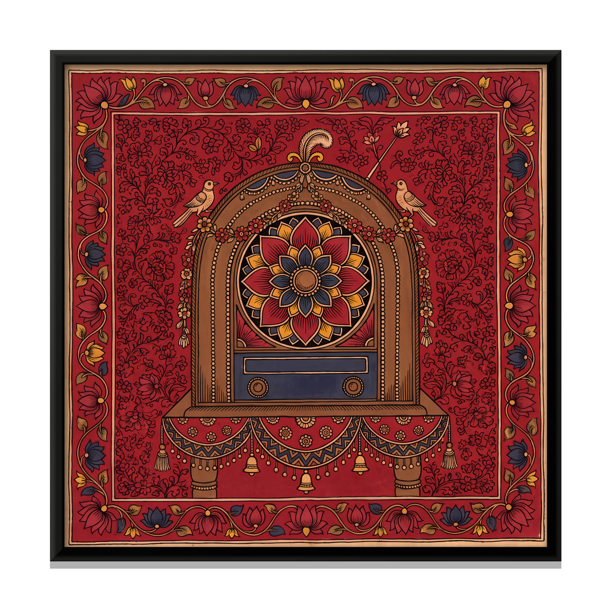 Garlanded Vintage Radio - framed canvas print, front view