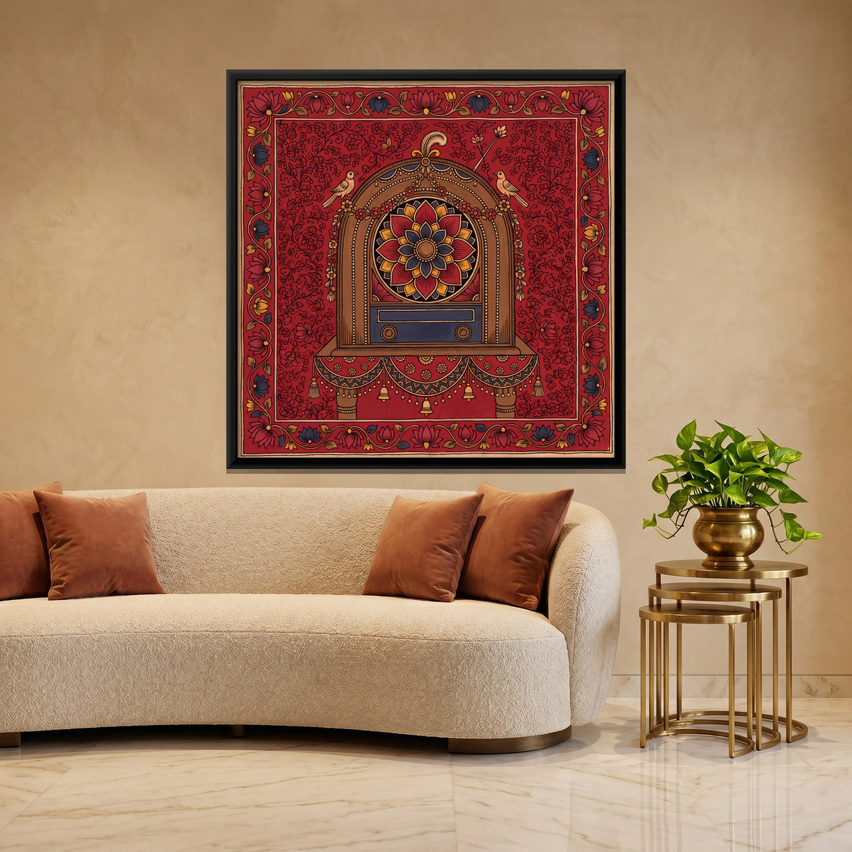 Garlanded Vintage Radio - canvas art shown in a styled room