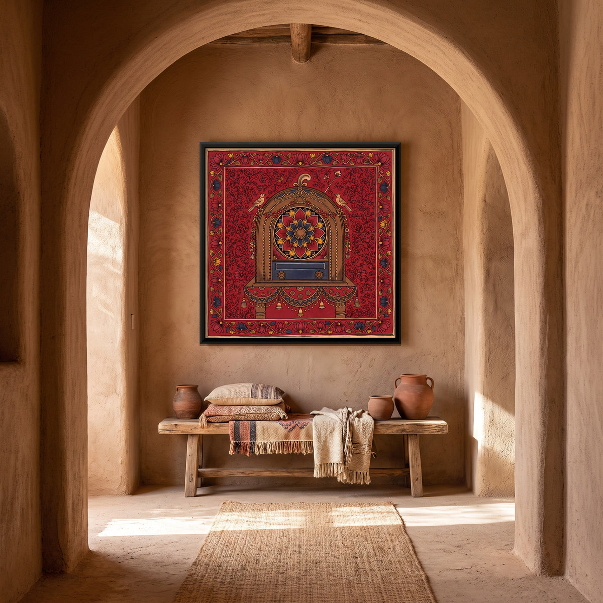Garlanded Vintage Radio - canvas art shown in a second room setting