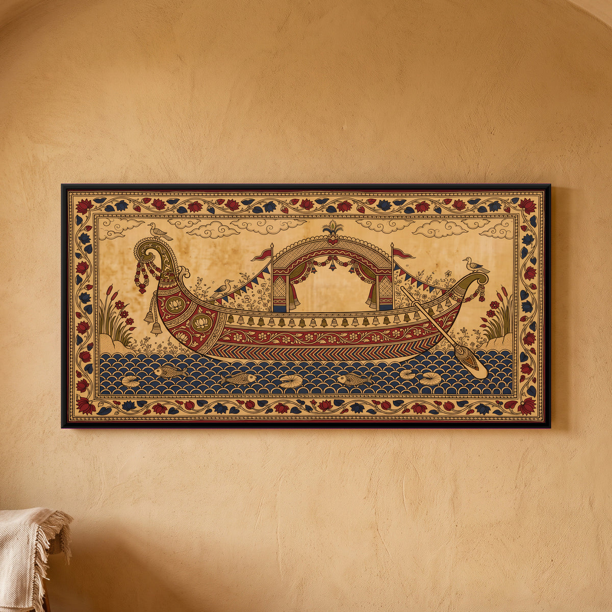 Canopied Pleasure Boat - framed canvas art hung on a wall