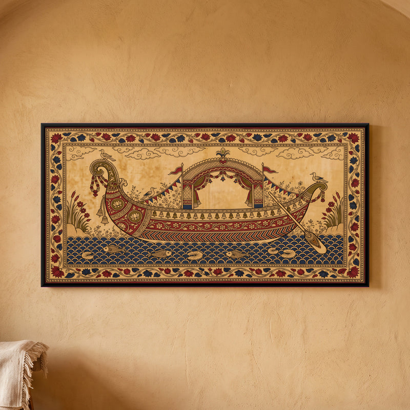 Canopied Pleasure Boat - framed canvas art hung on a wall
