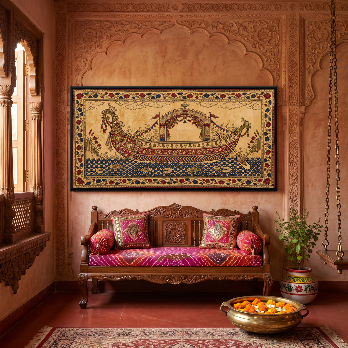 Canopied Pleasure Boat - canvas art shown in a styled room