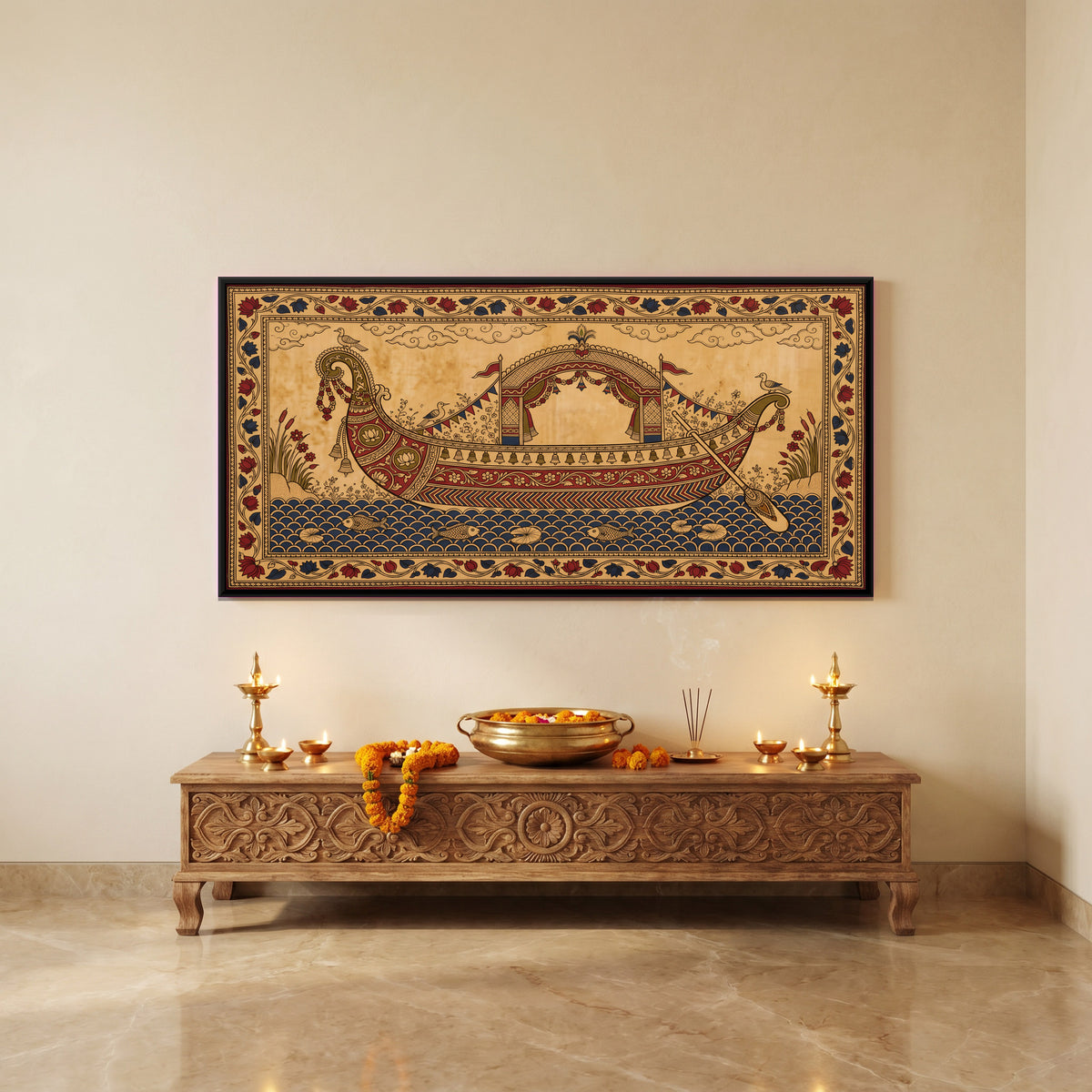 Canopied Pleasure Boat - canvas art shown in a second room setting