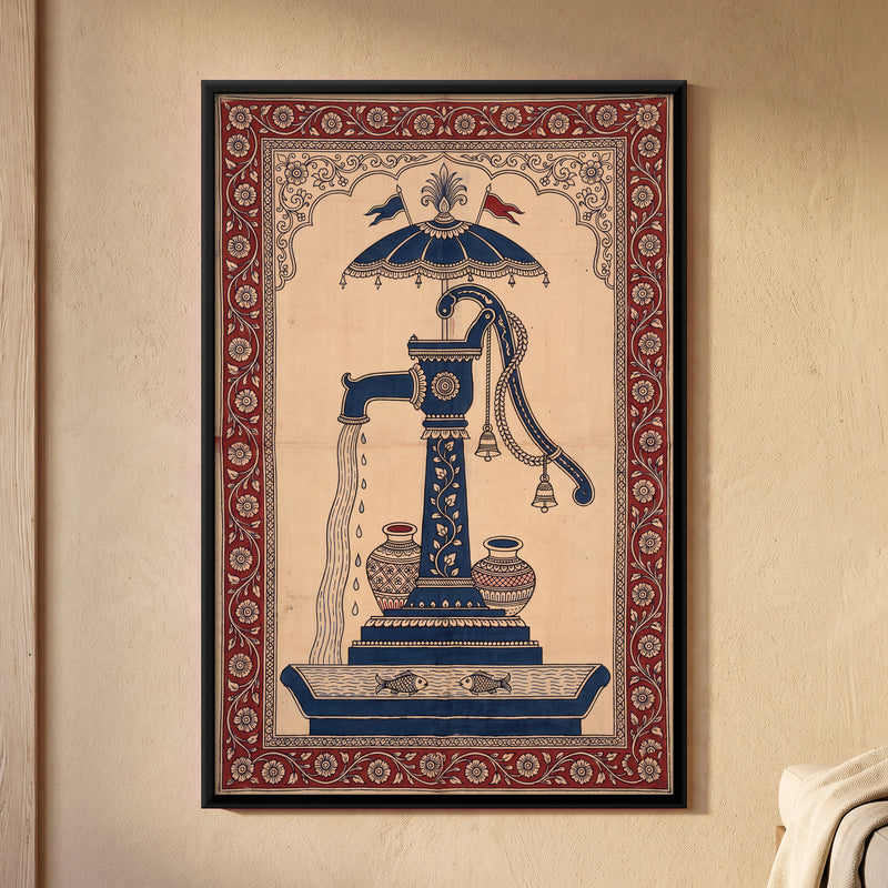 Hand Pump Under a Parasol - framed canvas art hung on a wall