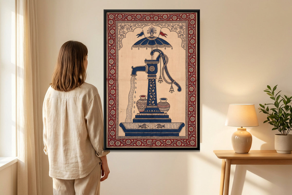 Hand Pump Under a Parasol - canvas art shown in a styled room