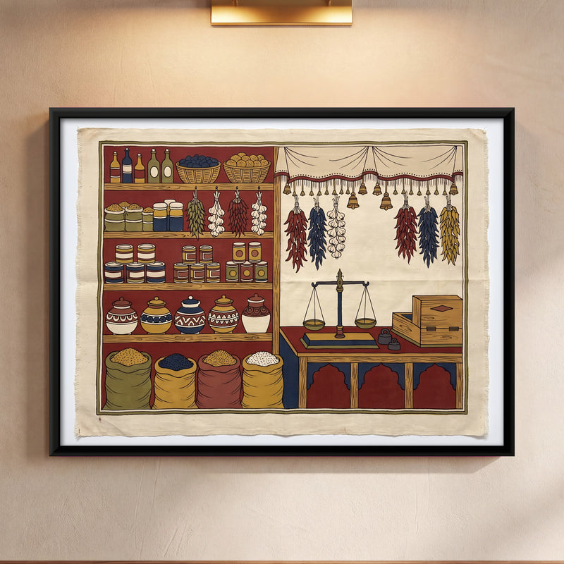 The Grocer's Shop - framed canvas art hung on a wall