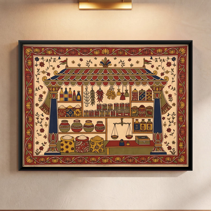 Kirana Shop - framed canvas art hung on a wall