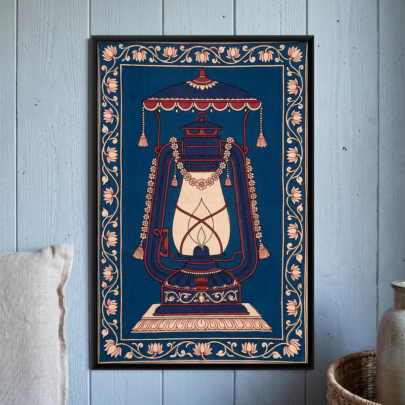 Garlanded Hurricane Lantern - framed canvas art hung on a wall