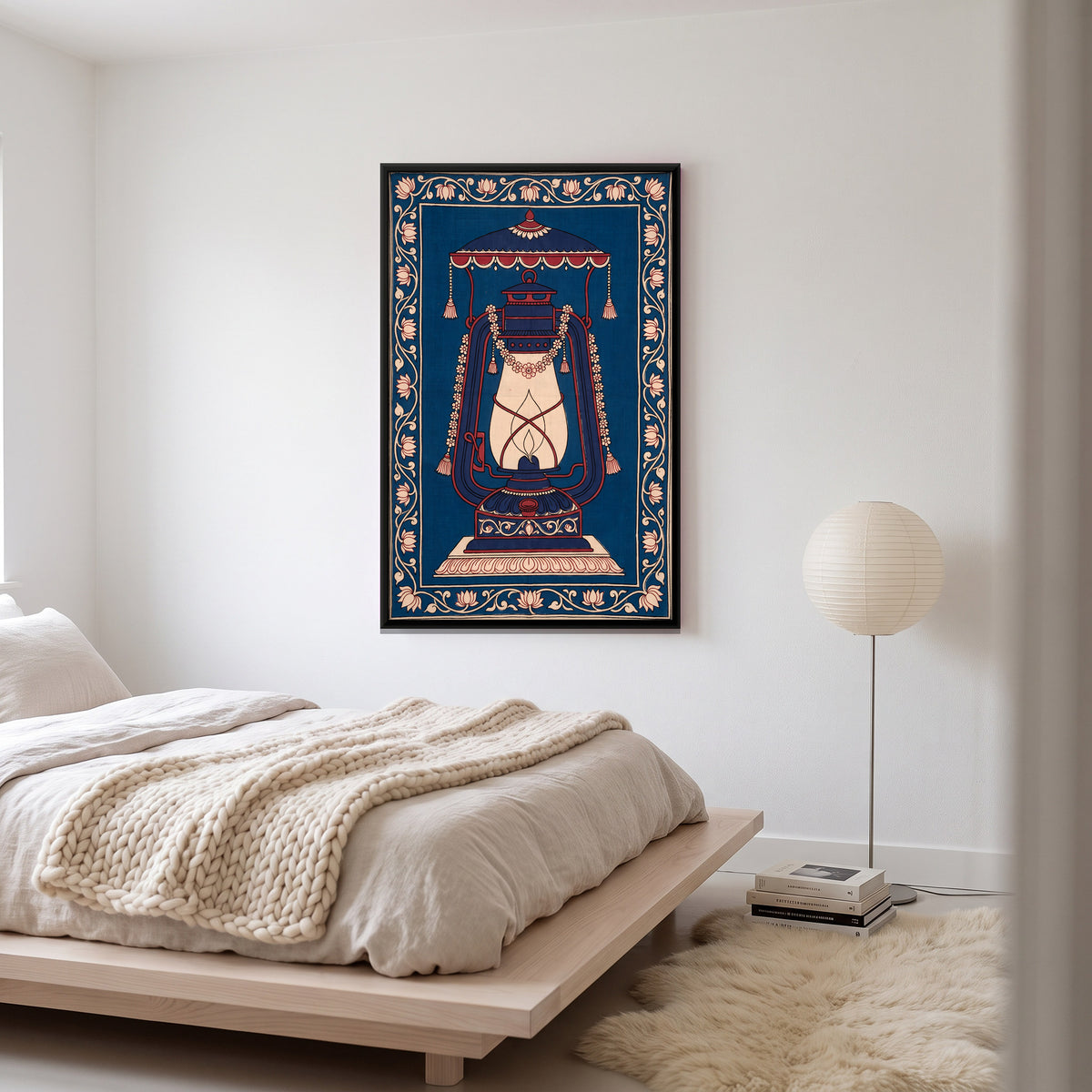 Garlanded Hurricane Lantern - canvas art shown in a styled room