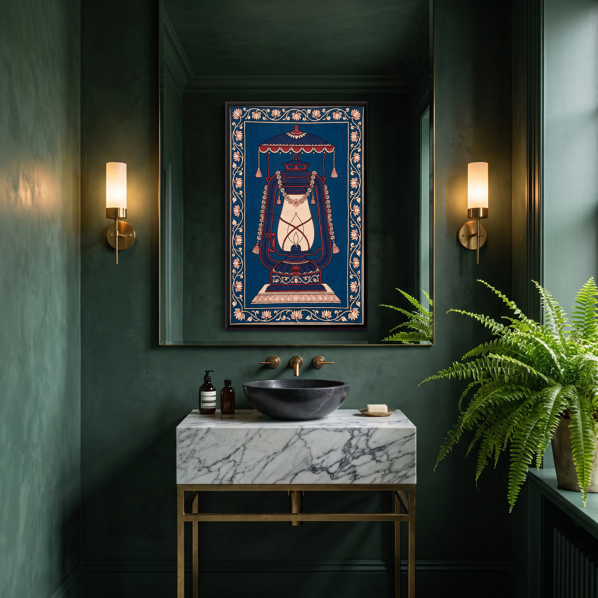 Garlanded Hurricane Lantern - canvas art shown in a second room setting
