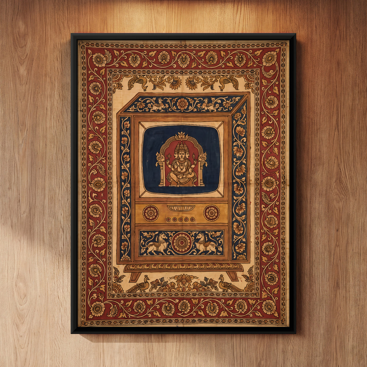 Deity on a Vintage Television - framed canvas art hung on a wall