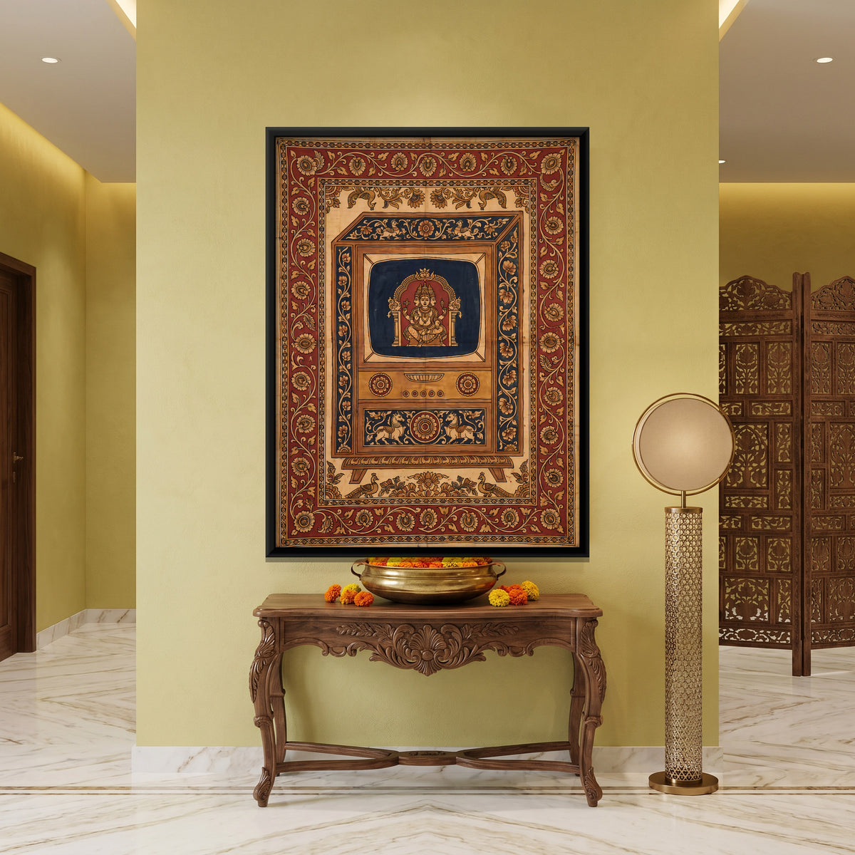 Deity on a Vintage Television - canvas art shown in a second room setting