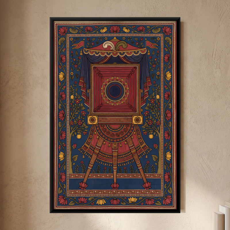 Bellows Camera on a Tripod - framed canvas art hung on a wall