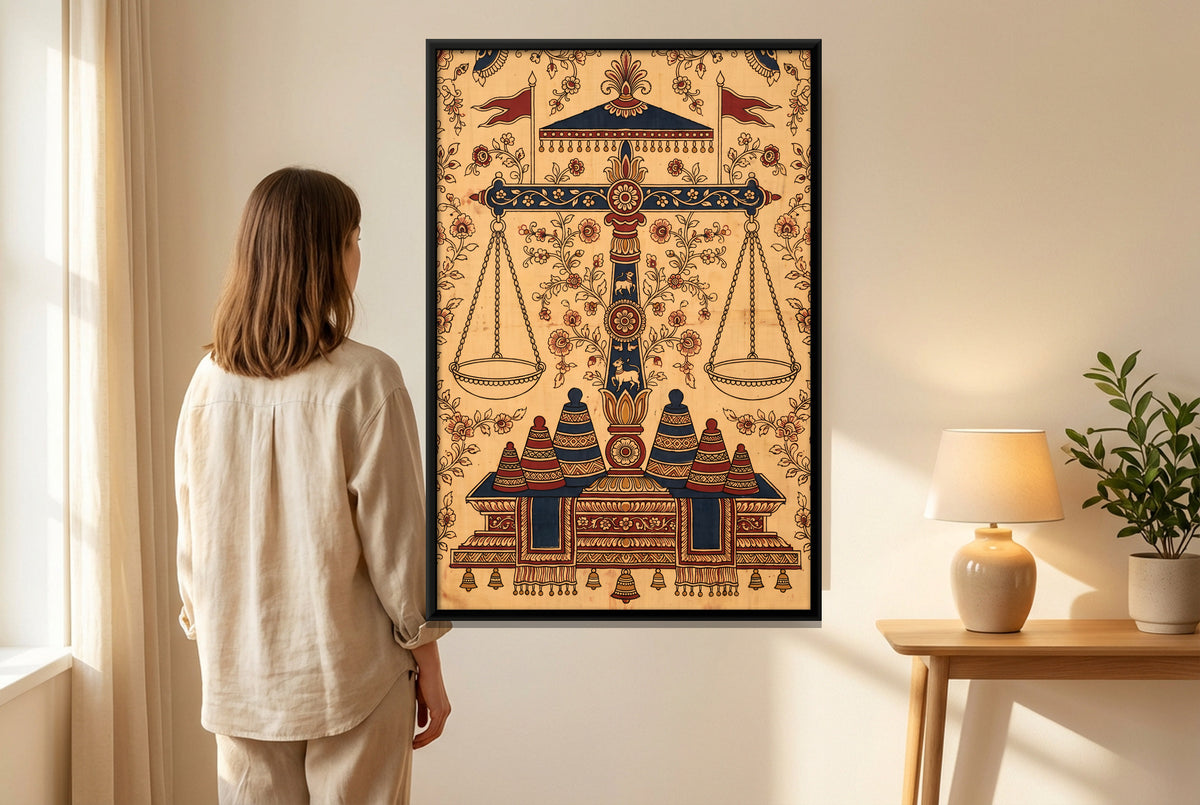 The Weighing Scales - canvas art shown in a second room setting